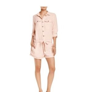 Free People Yarn Dye Stripe Linen Blend Belted Romper Pink Black Long Sleeve Sho